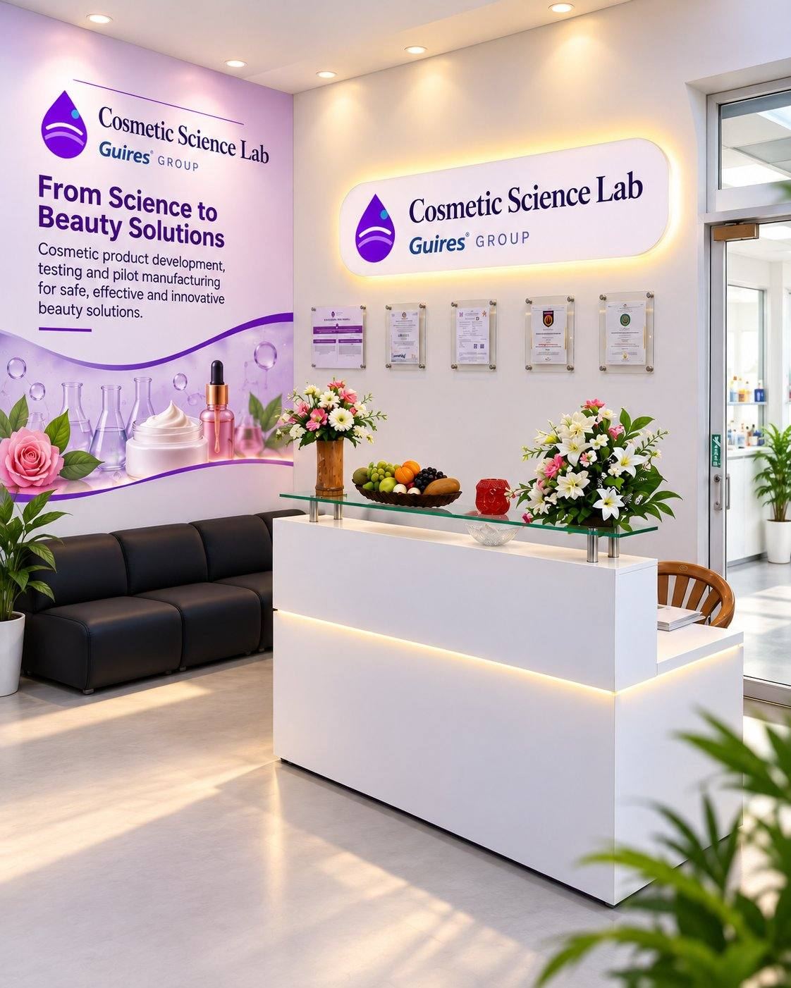 CSL Cosmetic Science Lab reception, with the Guires Group brand wall, certifications and entrance to the lab
