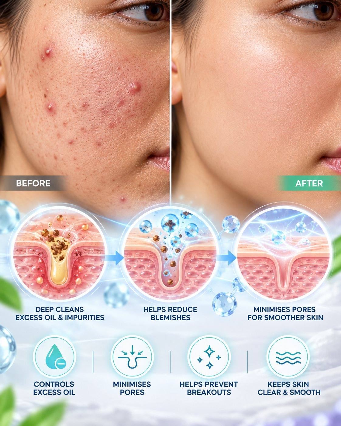 CSL blemish-prone skin science: illustrative before and after of blemished and clearer-looking skin, with a magnified pore being cleared