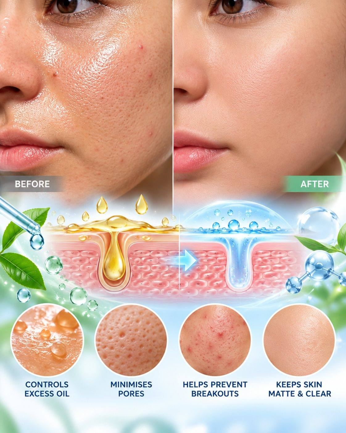 CSL oil control science: illustrative before and after of oily, shiny skin and matte skin, with a magnified pore showing excess sebum reduced