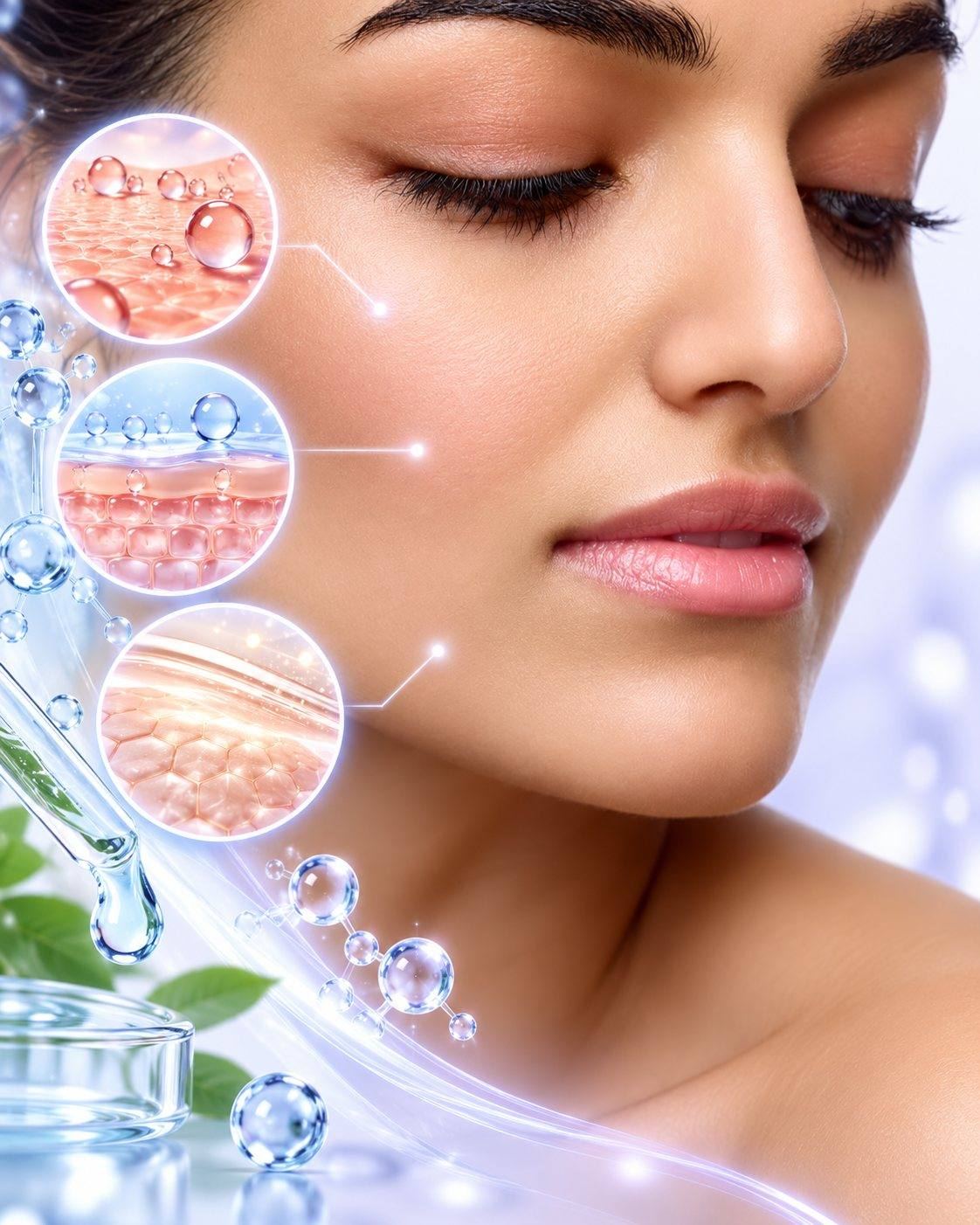 CSL anti-ageing science: smooth, radiant facial skin with magnified skin layers showing hydration, barrier and firmness, and a serum dropper