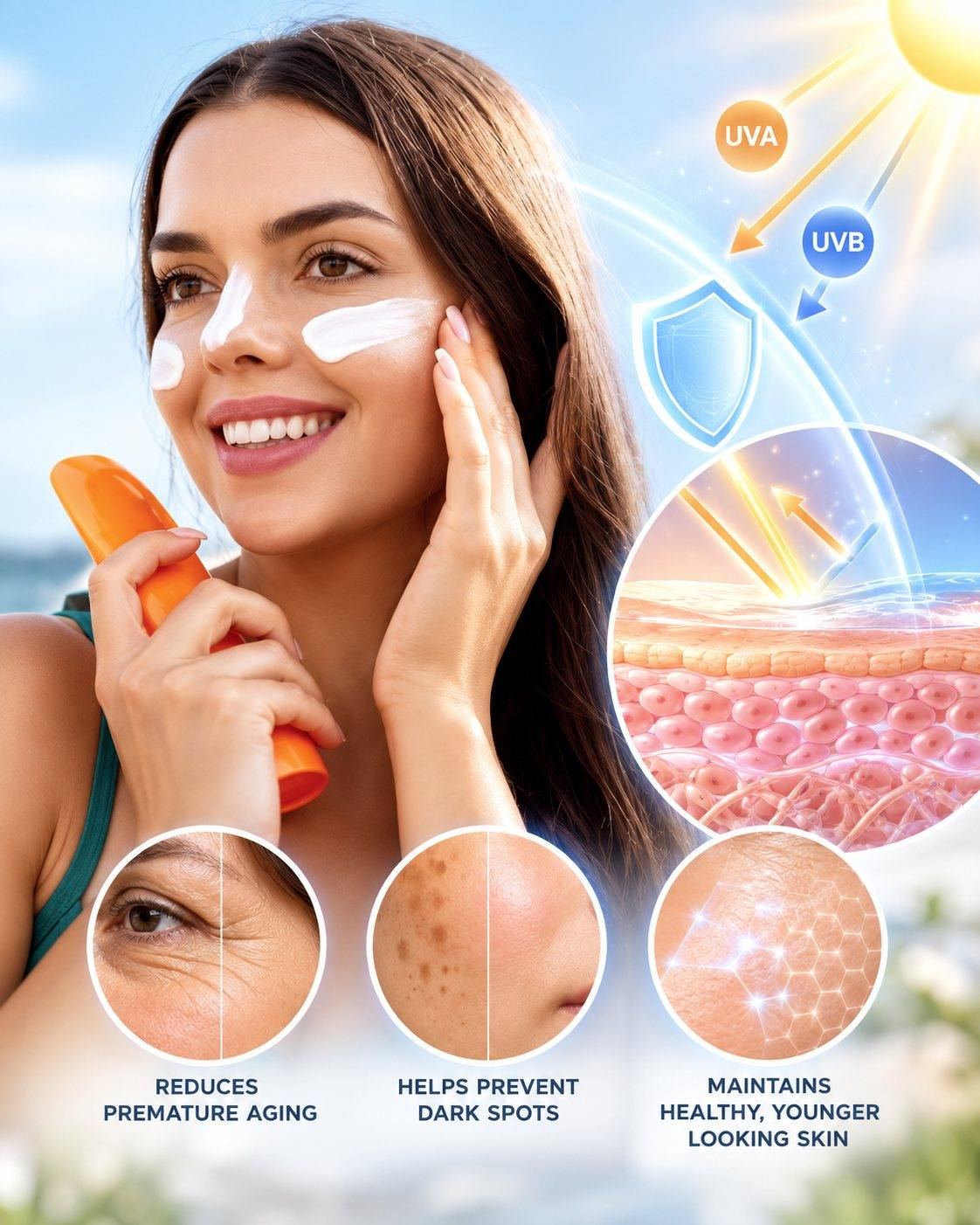 CSL anti-ageing prevention science: woman applying daily SPF sunscreen, with UVA and UVB rays blocked above a skin cross-section and illustrative skin comparisons