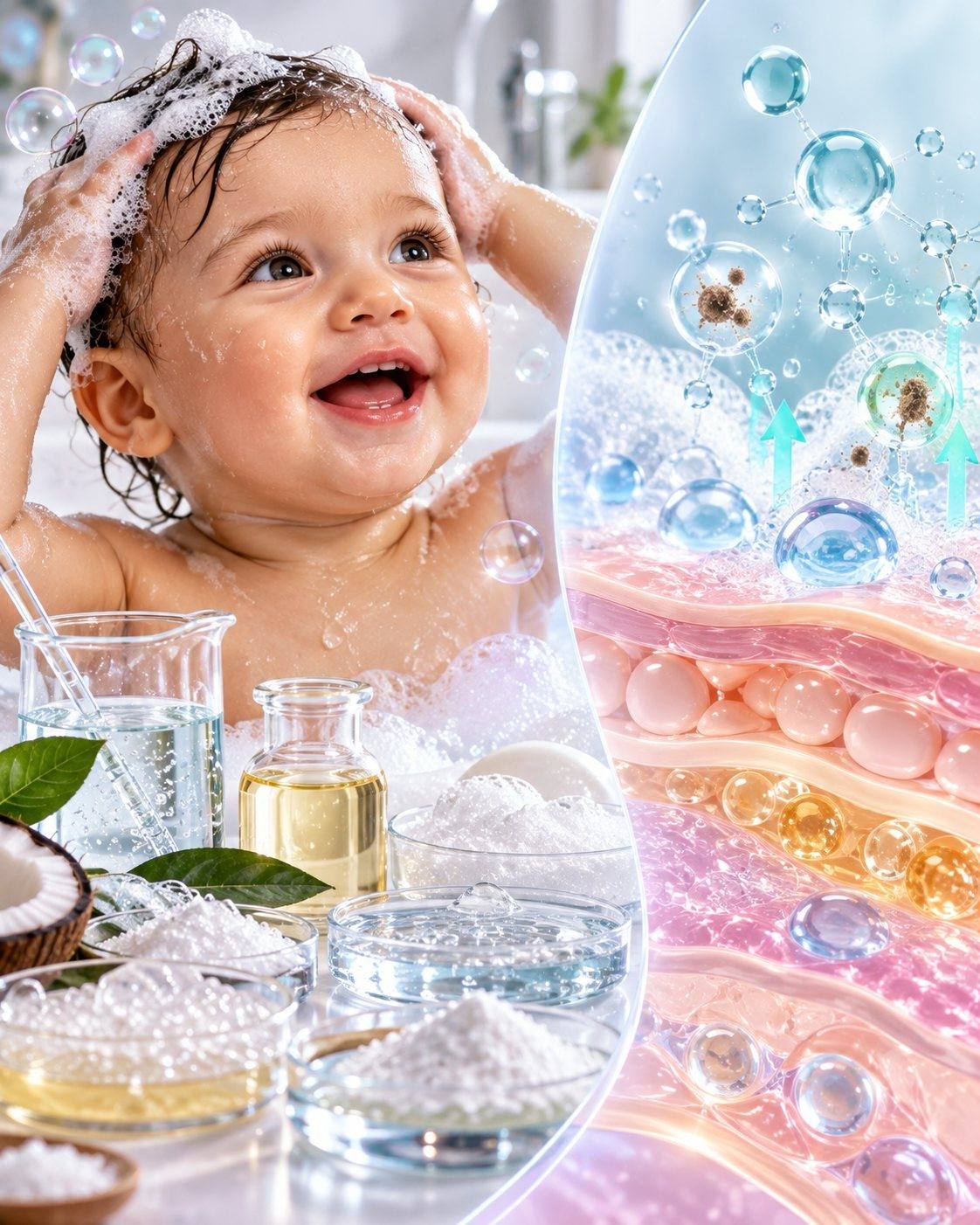 CSL baby wash science: happy baby at bath time with gentle foam, with mild glucoside surfactants, glycerin and a magnified skin barrier being cleansed