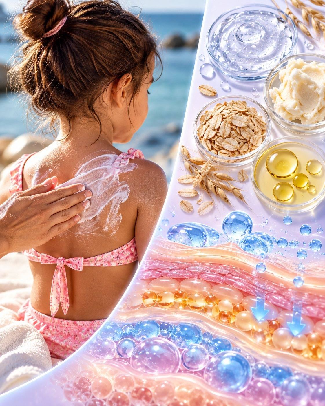 CSL baby and kids moisturiser science: lotion applied to a child’s back, with colloidal oatmeal, shea butter, oils and a magnified skin barrier