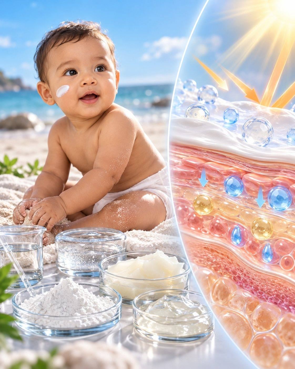 CSL baby protection science: baby on the beach with mineral cream on the cheek, with zinc oxide, barrier balms and a magnified protective layer on skin
