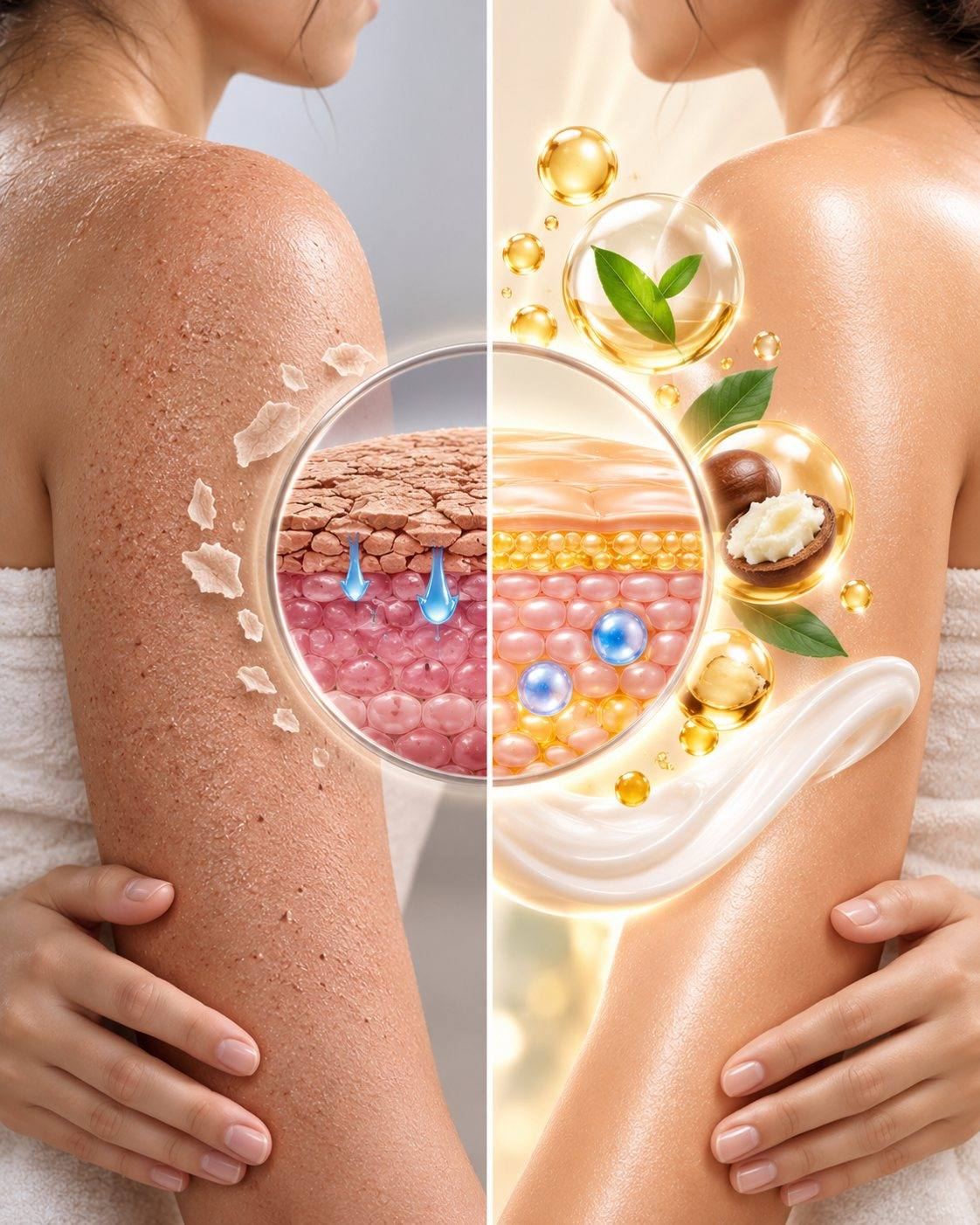 CSL dry skin science: illustrative before and after of dry, flaky skin and nourished, smooth skin with a magnified skin barrier