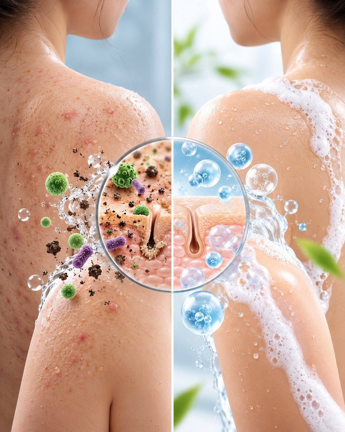 CSL pH-balanced cleansing science: illustrative comparison of skin washed with a harsh cleanser and a mild, microbiome-friendly wash