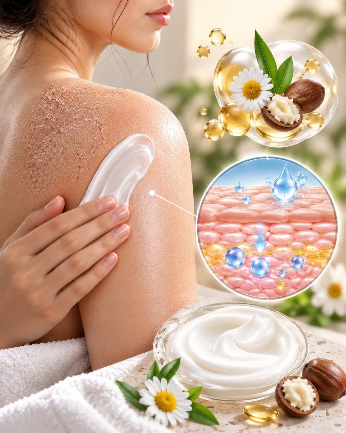 CSL body care science: body lotion applied after the shower, with shea butter, botanical oils and a skin cross-section showing moisture