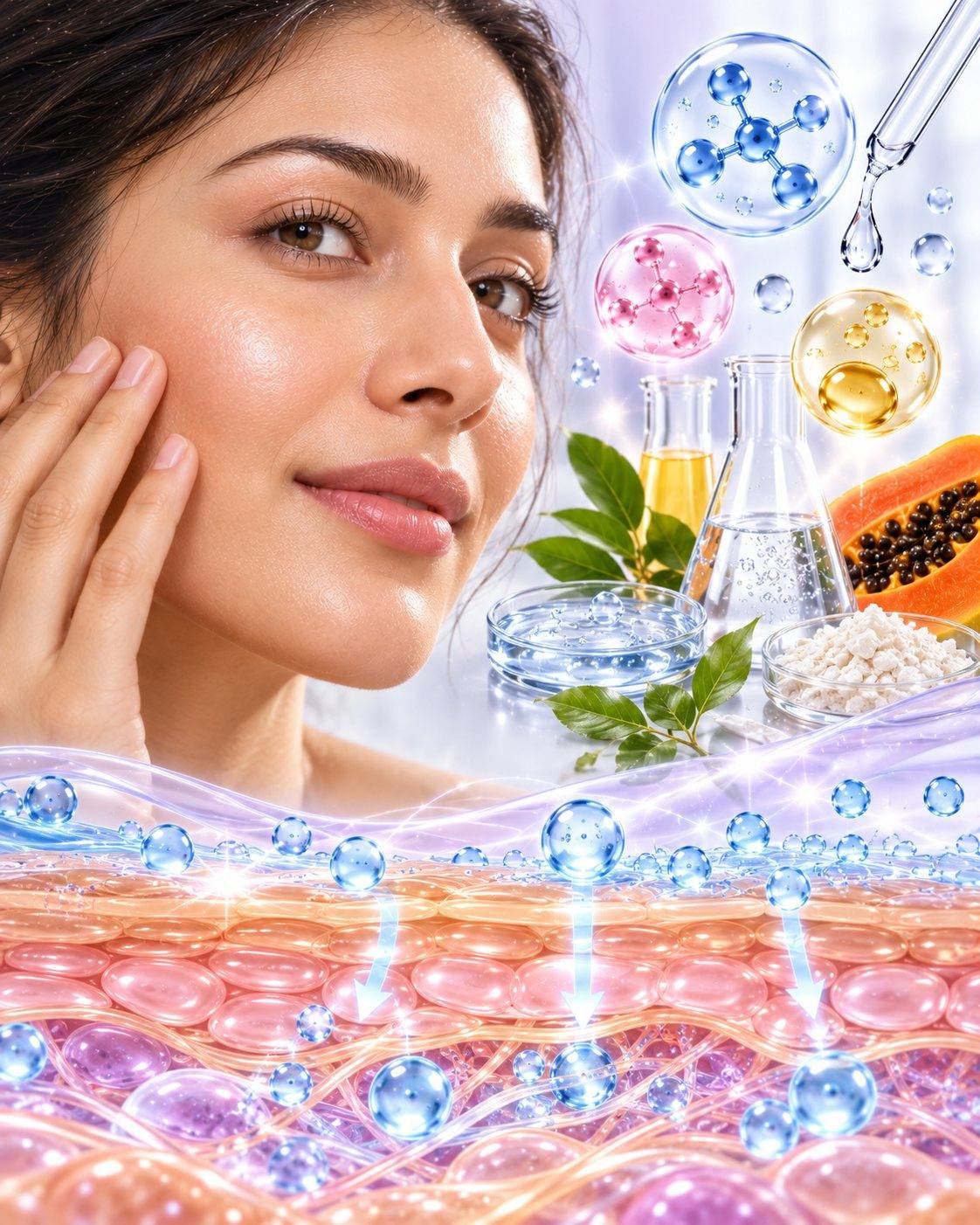 CSL brightening science: smooth, dewy, light-reflecting skin with hyaluronic acid, gentle papaya enzyme exfoliant and hydration moving into the skin