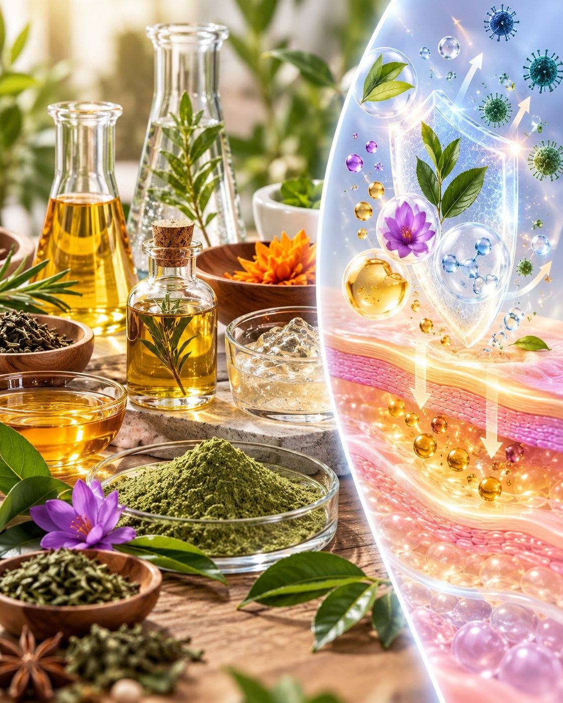 CSL botanical actives science: green tea, tea tree, turmeric and herbal extracts with a magnified skin barrier protected by plant actives