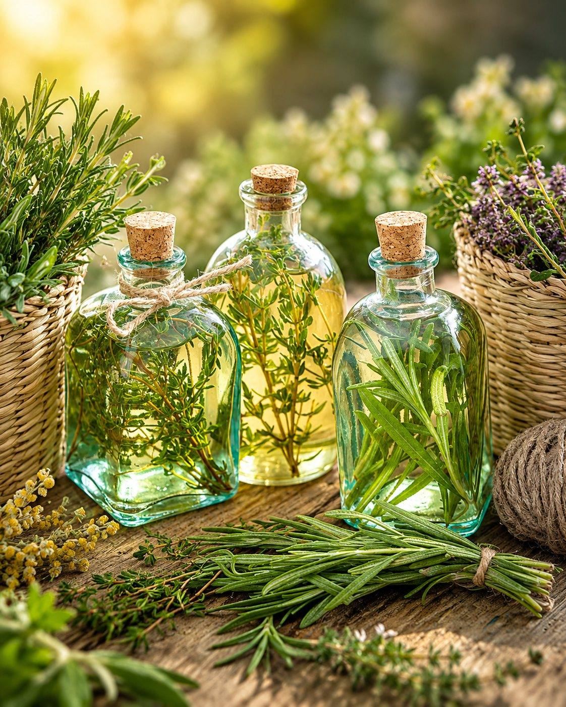 CSL Ayurvedic and herbal oil science: rosemary, thyme and herb-infused oils in glass bottles with fresh botanicals