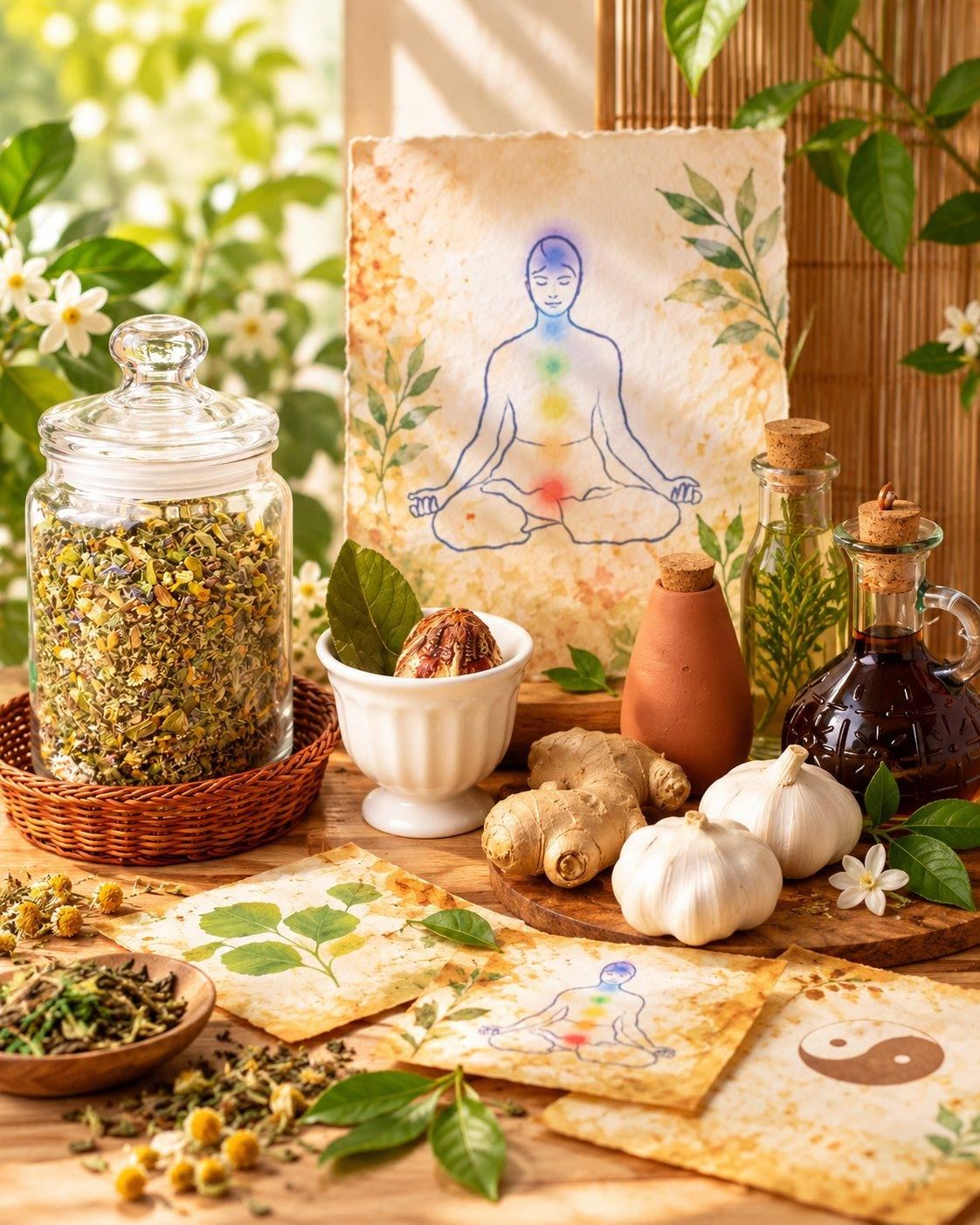CSL natural and Ayurvedic formulation: dried herbal blends in sealed glass jars, ginger, herbal oils and botanicals prepared for stable natural cosmetics