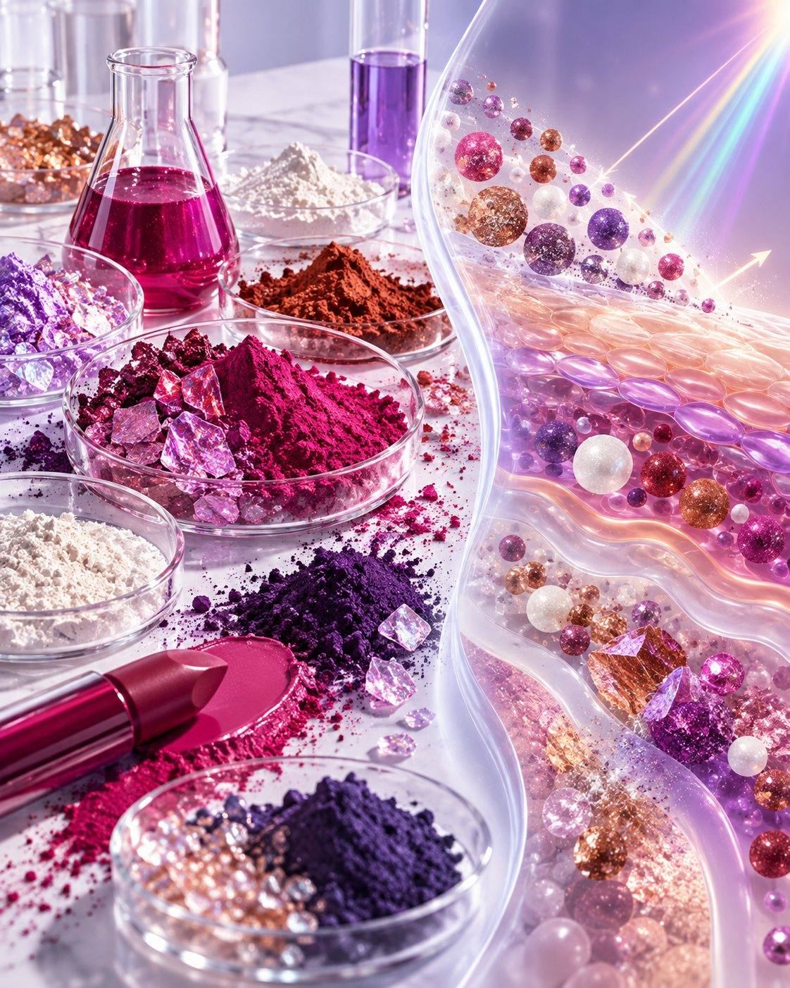 CSL colour cosmetics pigment science: iron oxide, mica and pearl pigments in lab dishes with a lipstick and a magnified pigment dispersion