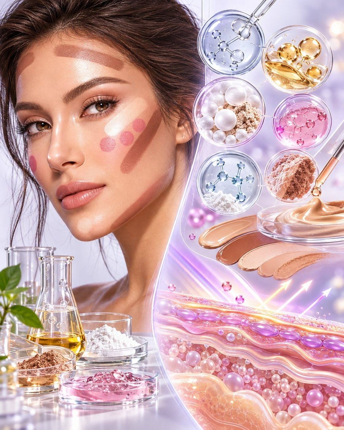 CSL makeup-on-skin science: foundation, blush and concealer swatches on the face with pigments, powders and a skin cross-section