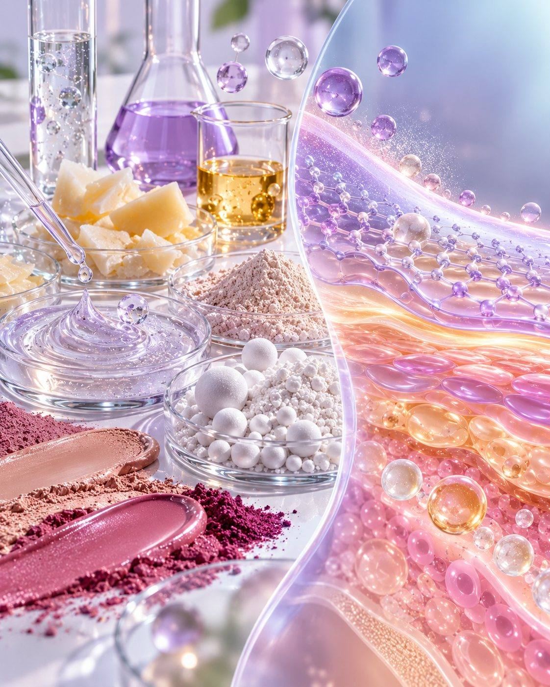 CSL makeup wear and finish science: waxes, oils, gel film formers and spherical powders with makeup swatches and a magnified long-wear film on skin