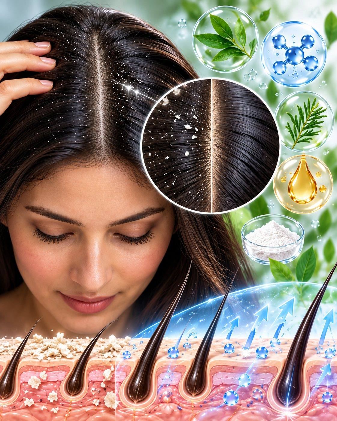 CSL anti-dandruff science: illustrative comparison of a flaky and a clear scalp parting, with anti-dandruff actives and a magnified scalp showing flakes cleared