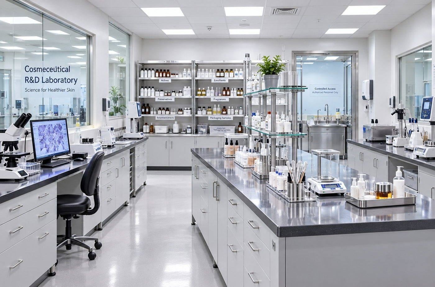 CSL cosmeceutical R&D laboratory with shelves of actives and a microscope workstation