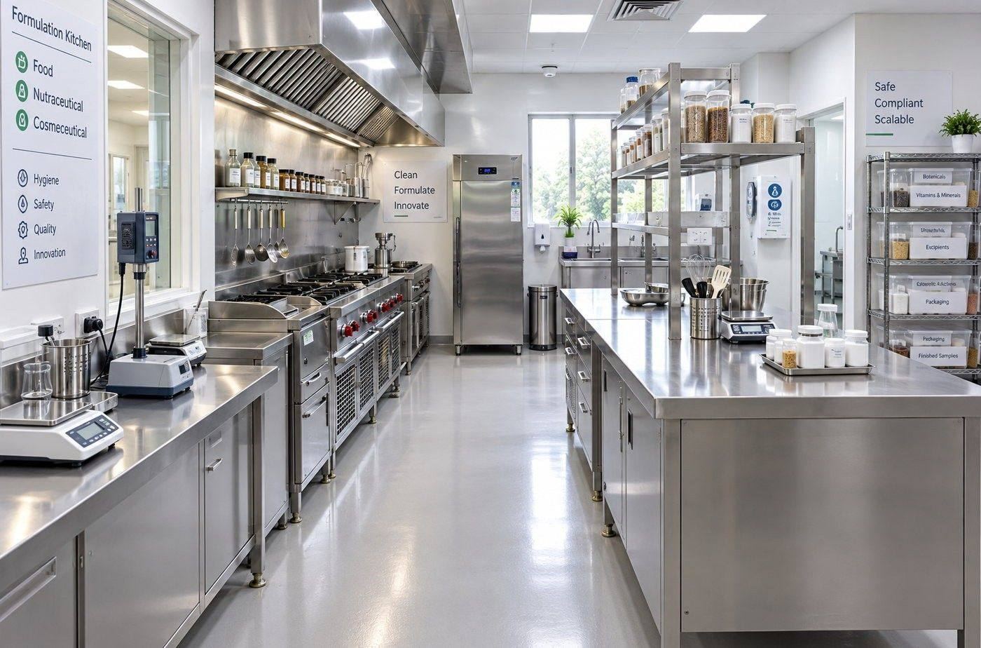 Formulation lab with stainless steel benches, balances, an overhead mixer and labelled ingredient shelves