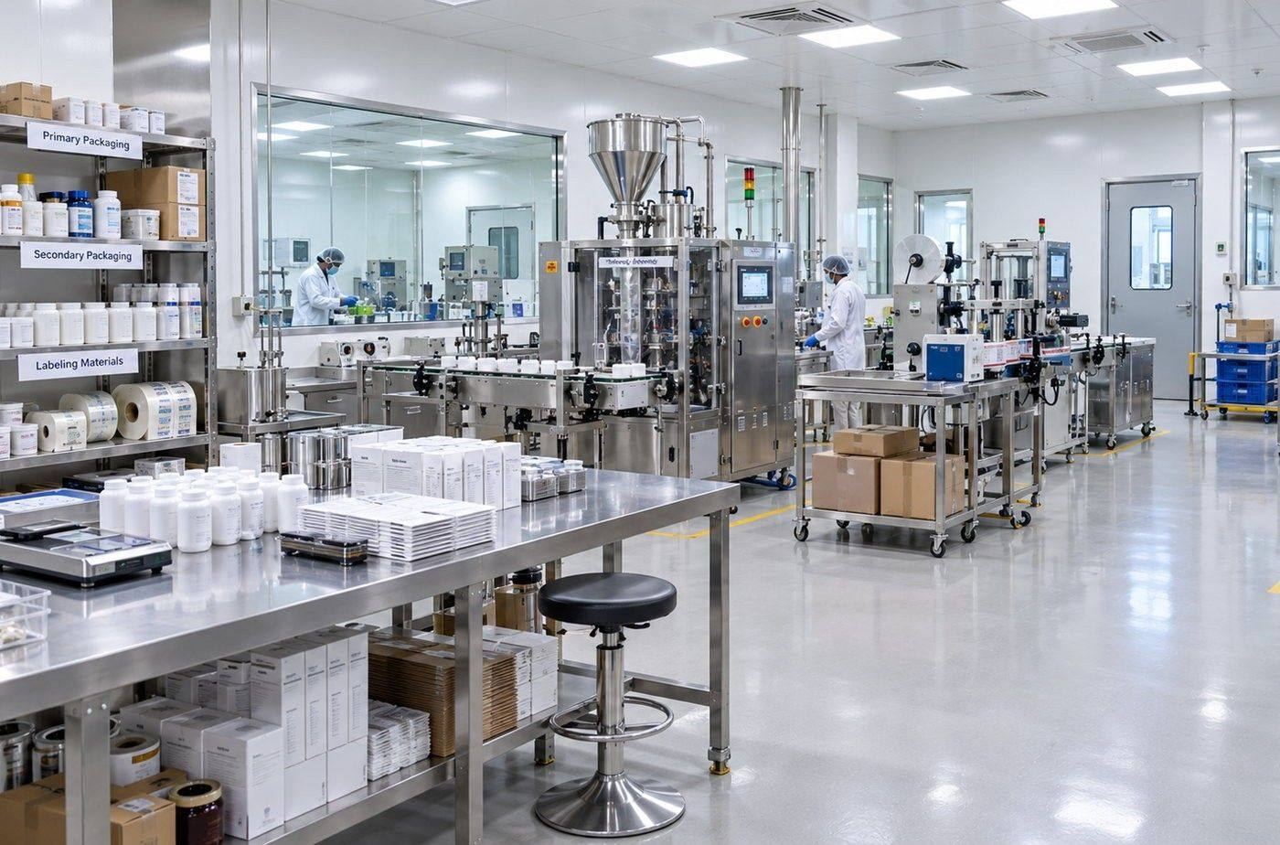 Packaging and filling area with an automatic filling line, labelling equipment and shelves of primary and secondary packaging