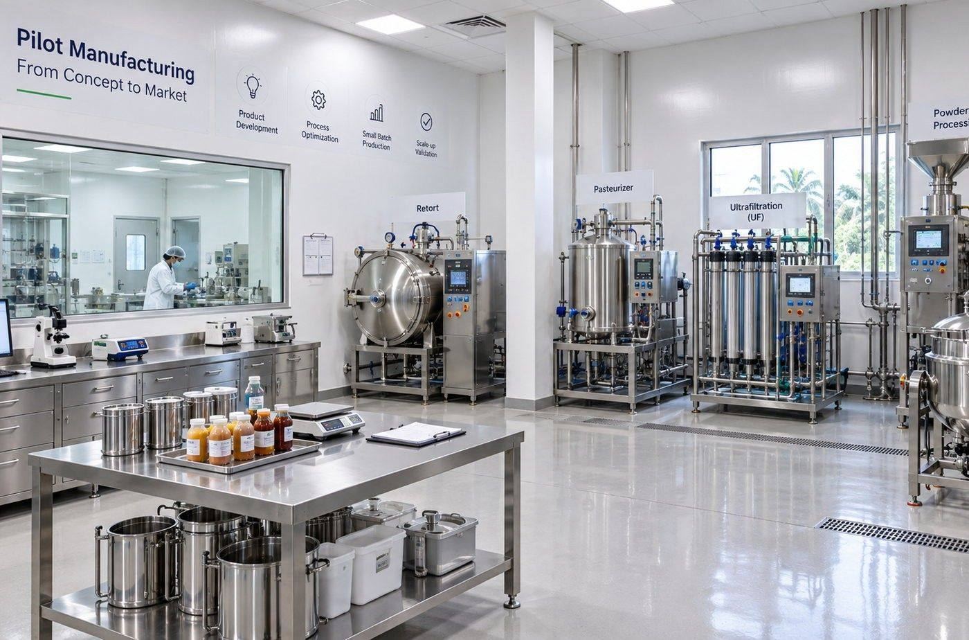 Guires CSL pilot manufacturing hall with stainless steel process vessels and a weighing bench