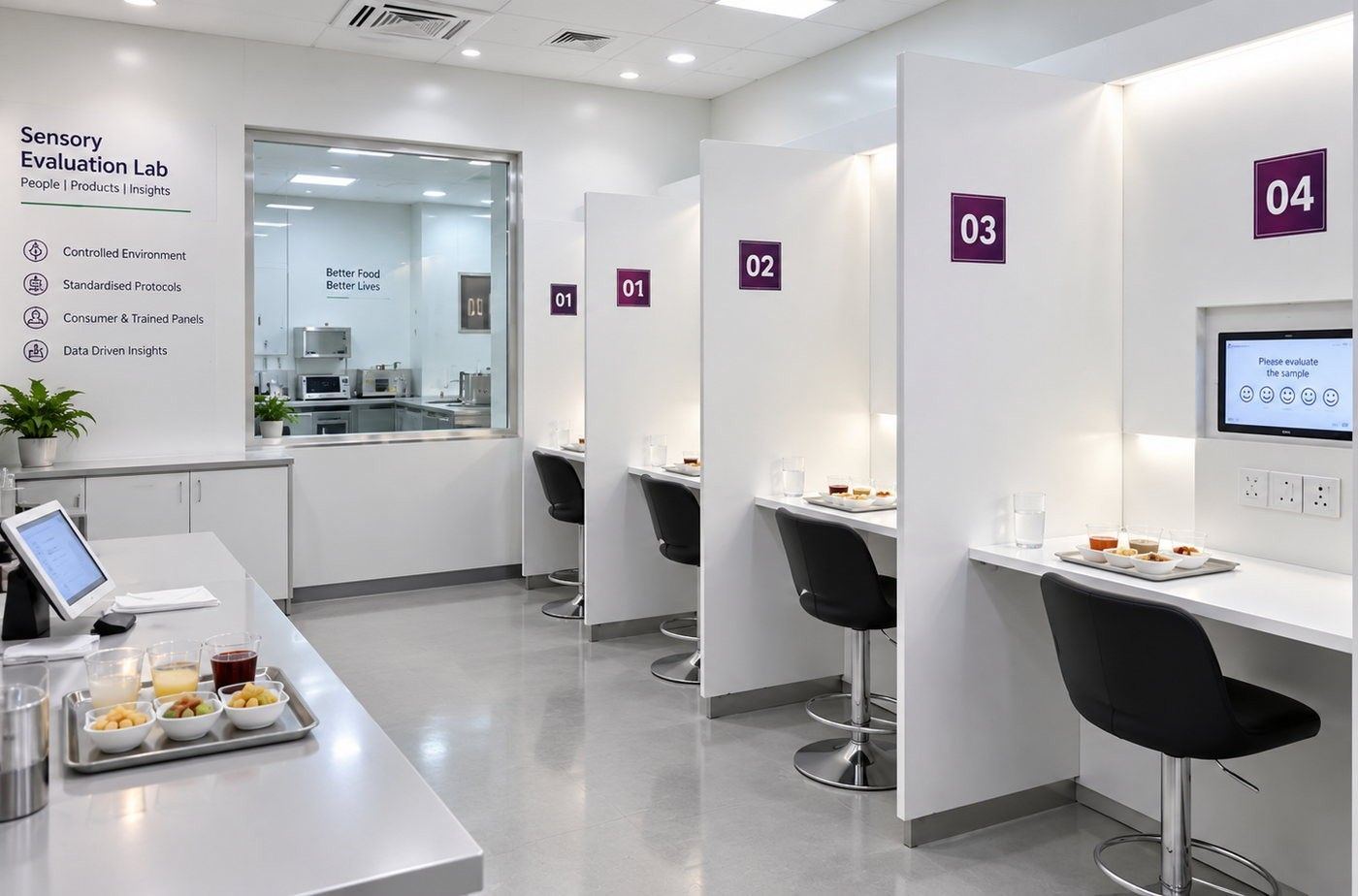 Sensory evaluation room with numbered individual booths, sample trays and a touchscreen for panel responses