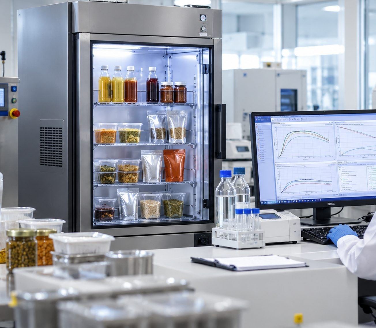 Stability chamber holding samples in glass bottles and pouches beside a monitor showing stability trend curves