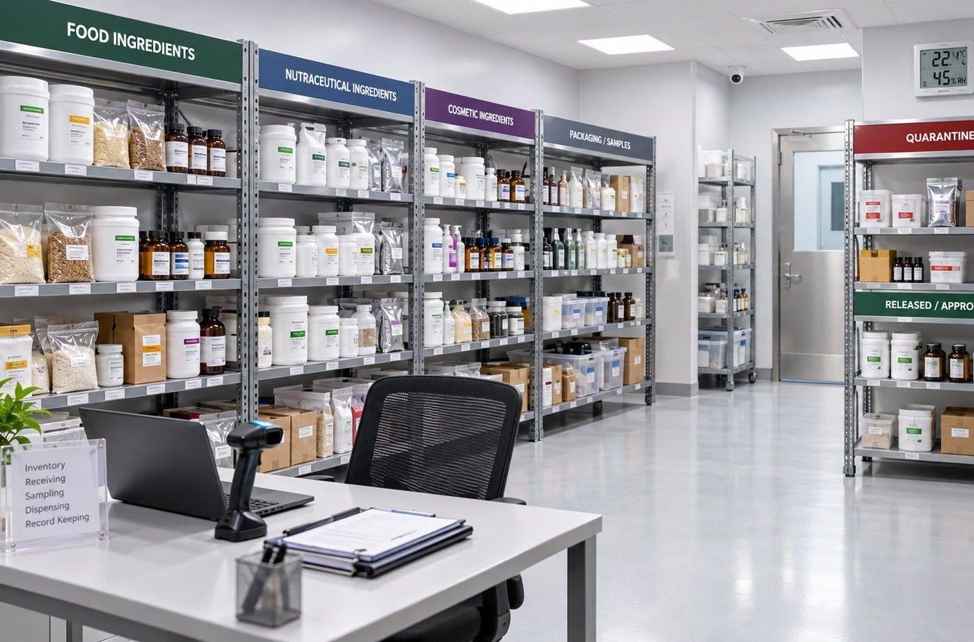 Guires CSL controlled ingredient store with segregated shelving, a quarantine rack and a temperature and humidity monitor