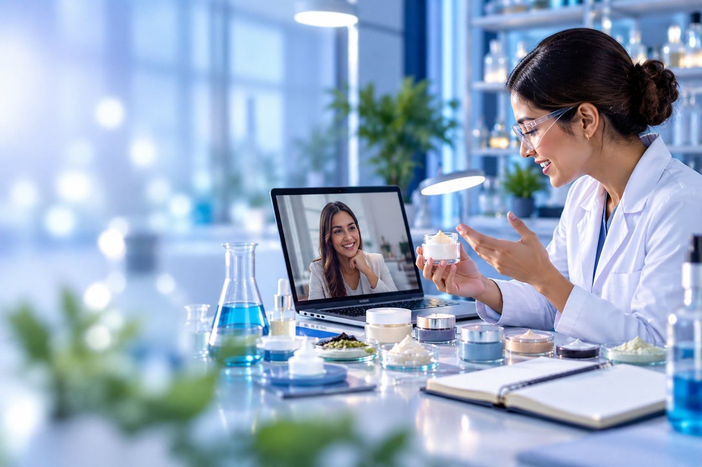 CSL formulation scientist discussing a cream prototype with a brand founder on a video call