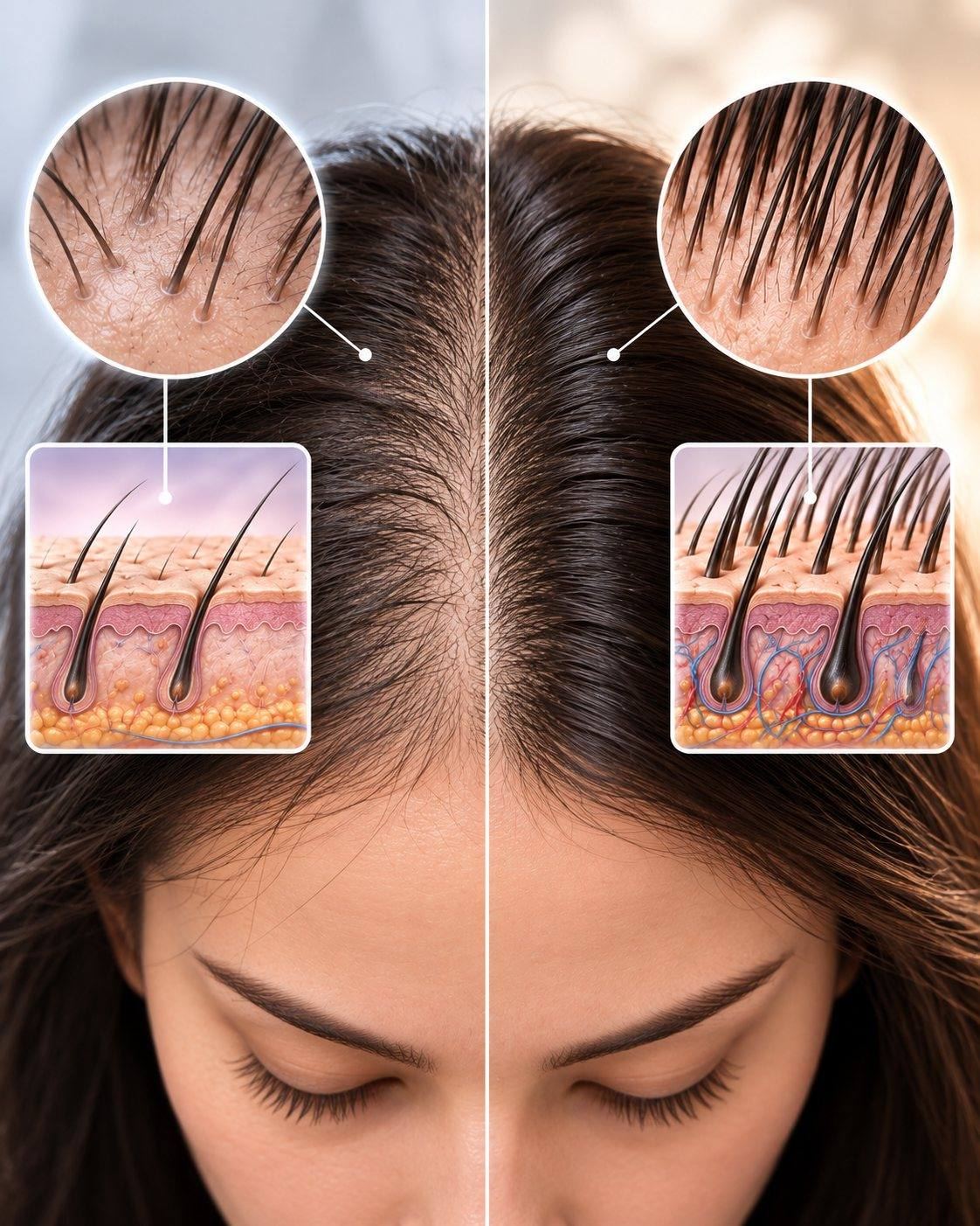 CSL hair density science: illustrative before and after of a thinning parting and fuller-looking hair, with follicle cross-sections