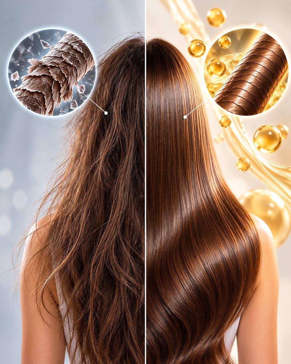CSL hair fibre repair science: illustrative before and after of damaged, frizzy hair and smooth, glossy hair with magnified cuticle