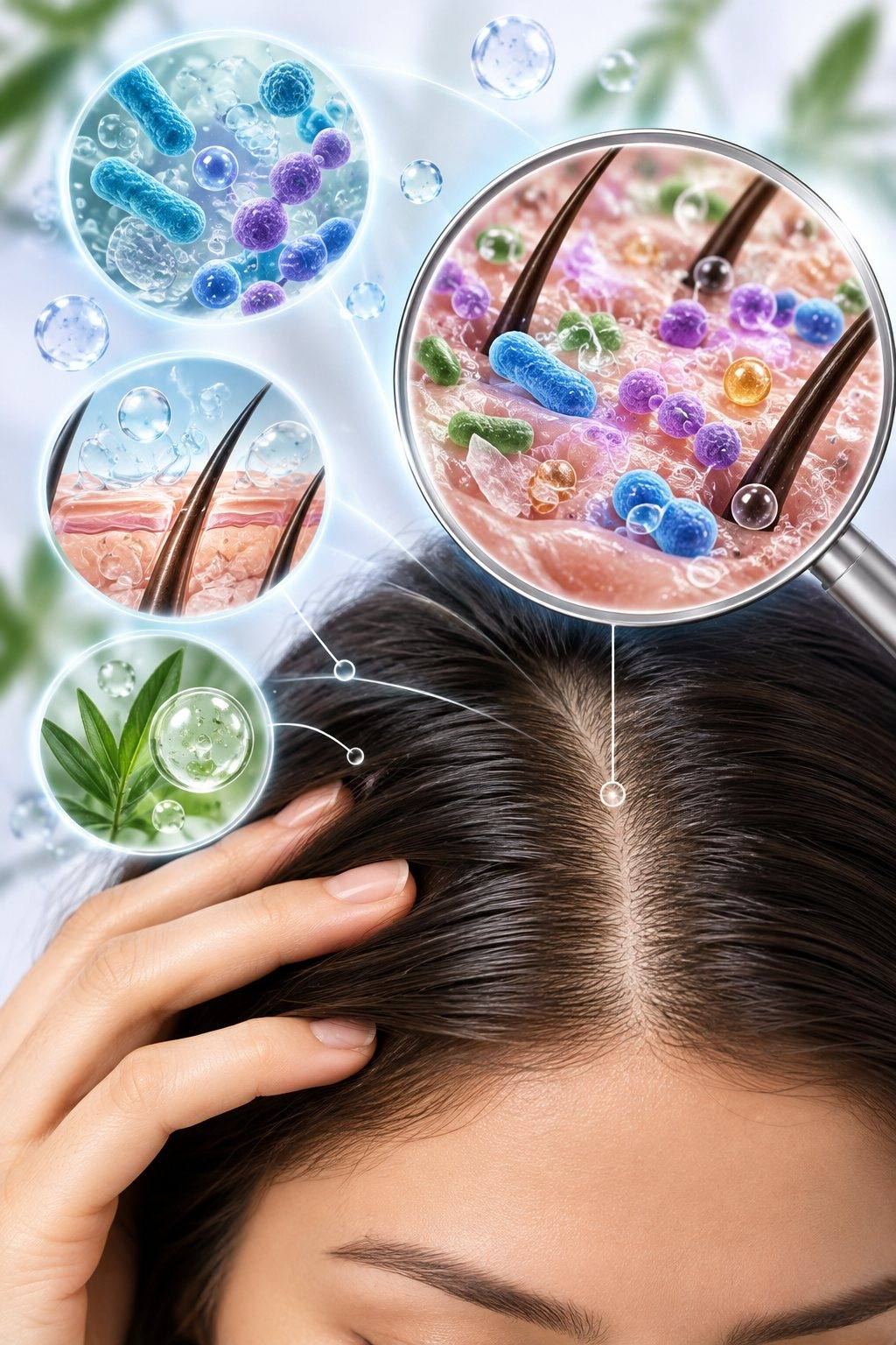 CSL scalp microbiome science: magnified view of a balanced scalp microbiome around the hair follicles, supporting a flake-free scalp