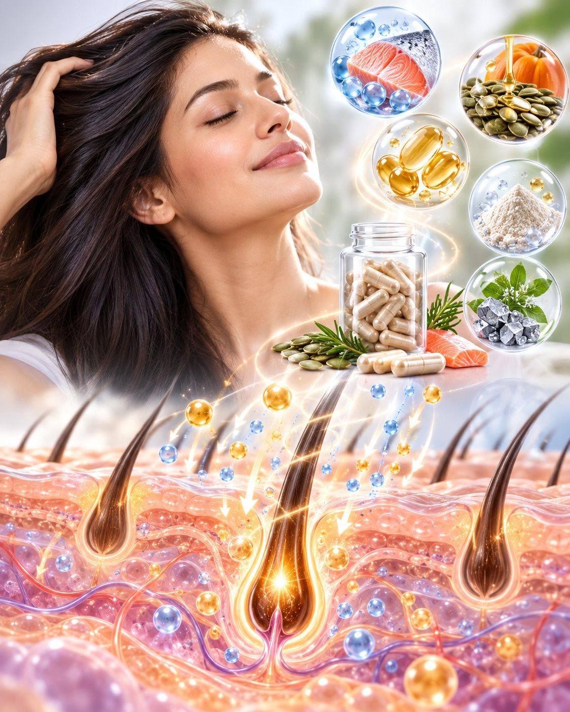 CSL nutricosmetics science: hair supplement capsules with marine protein, pumpkin seed oil and minerals nourishing the hair follicle from within