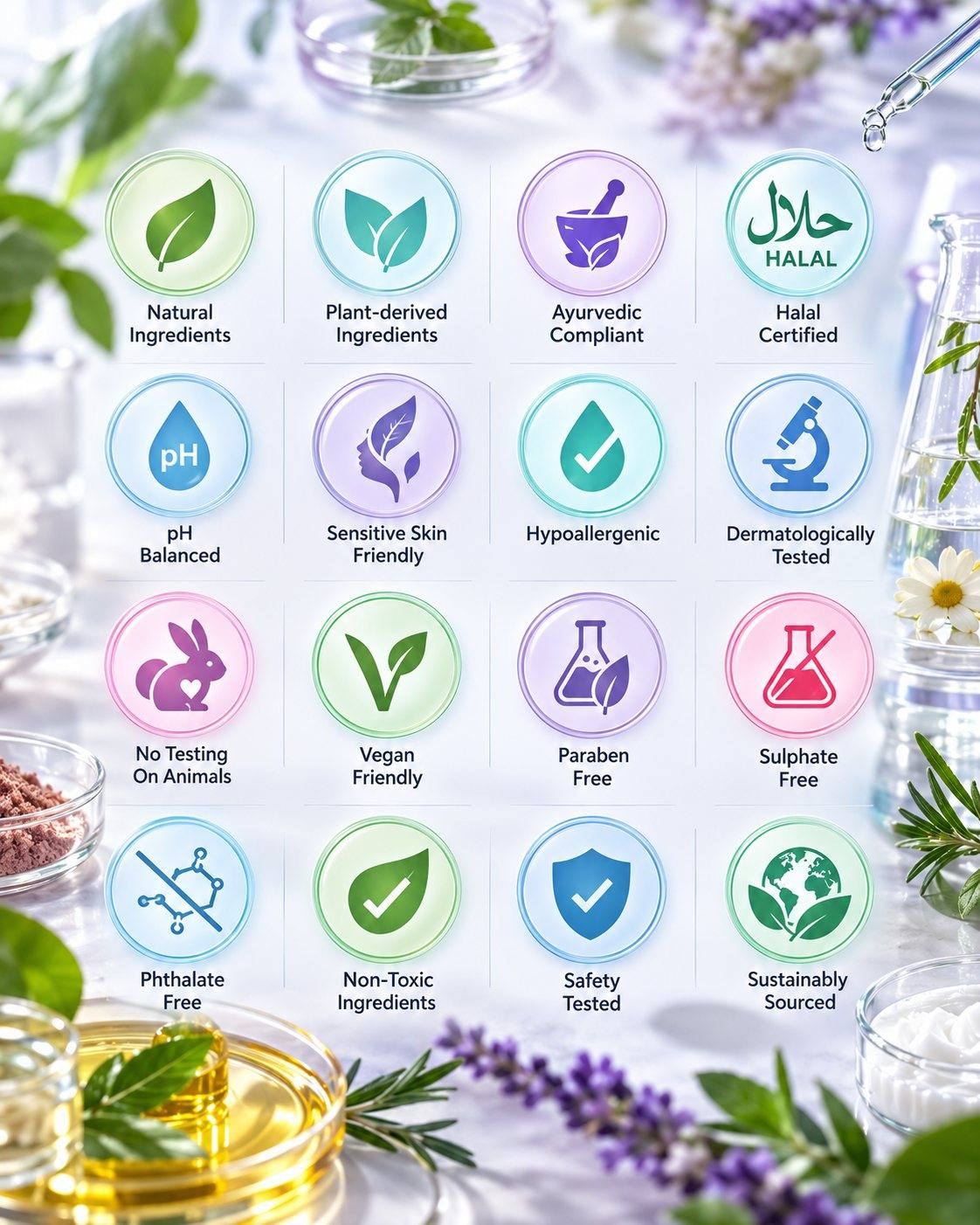 CSL halal certification support: product attribute icons including halal, plant-derived, pH balanced and dermatologically tested