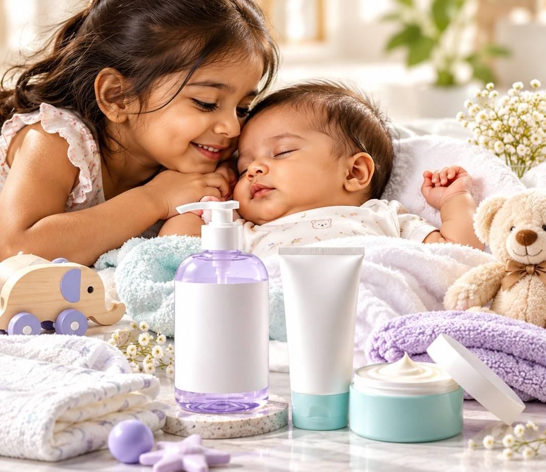 Young girl cuddling a sleeping baby beside a baby wash, lotion and nappy cream, with soft towels and toys