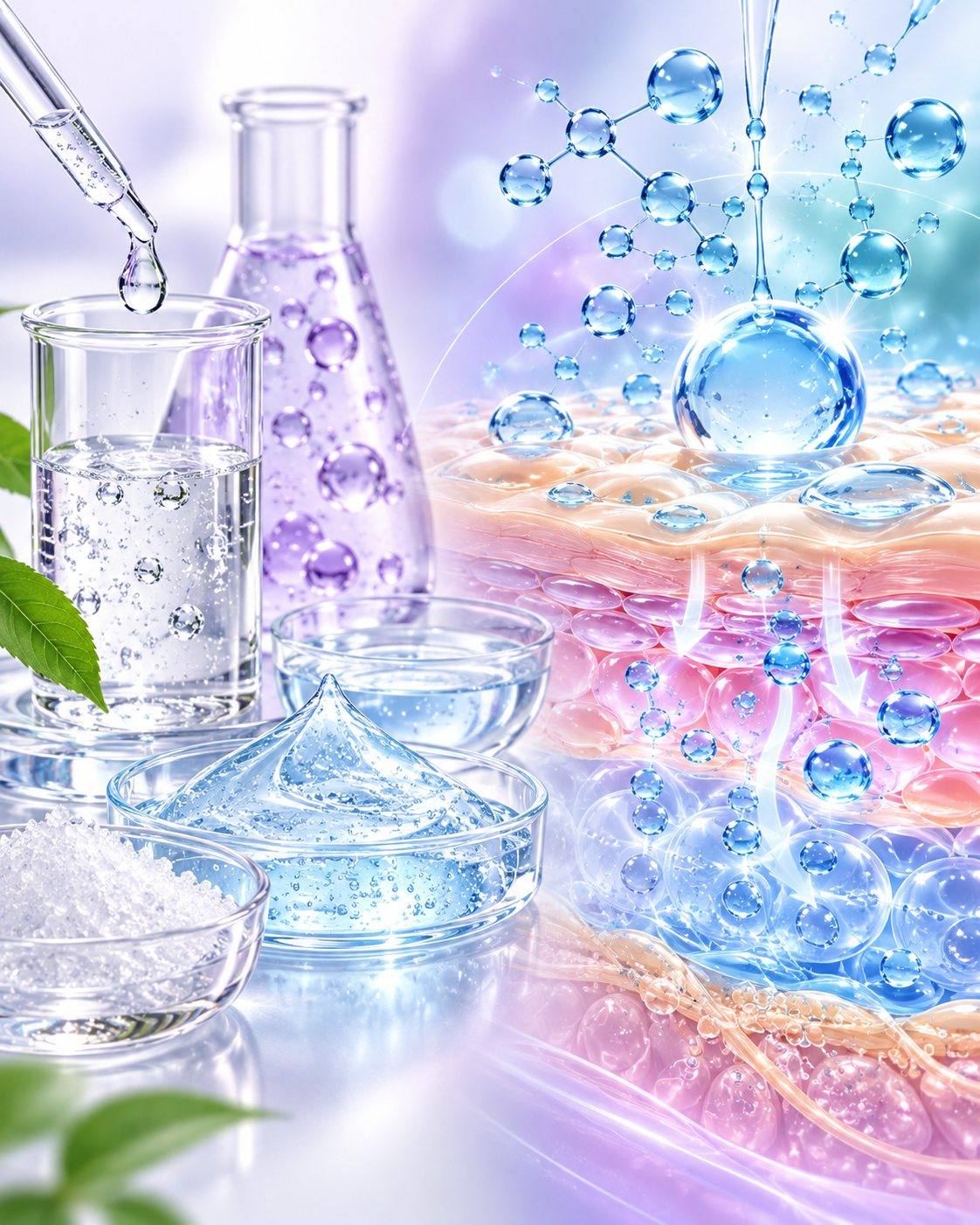 CSL hydration science: glycerin and hyaluronic acid gels in lab glassware, with humectant molecules drawing water into the skin layers