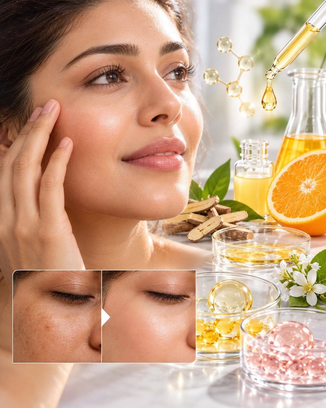 CSL brightening science: radiant, even-toned skin with vitamin C serum, licorice root and antioxidant actives, and an illustrative tone comparison