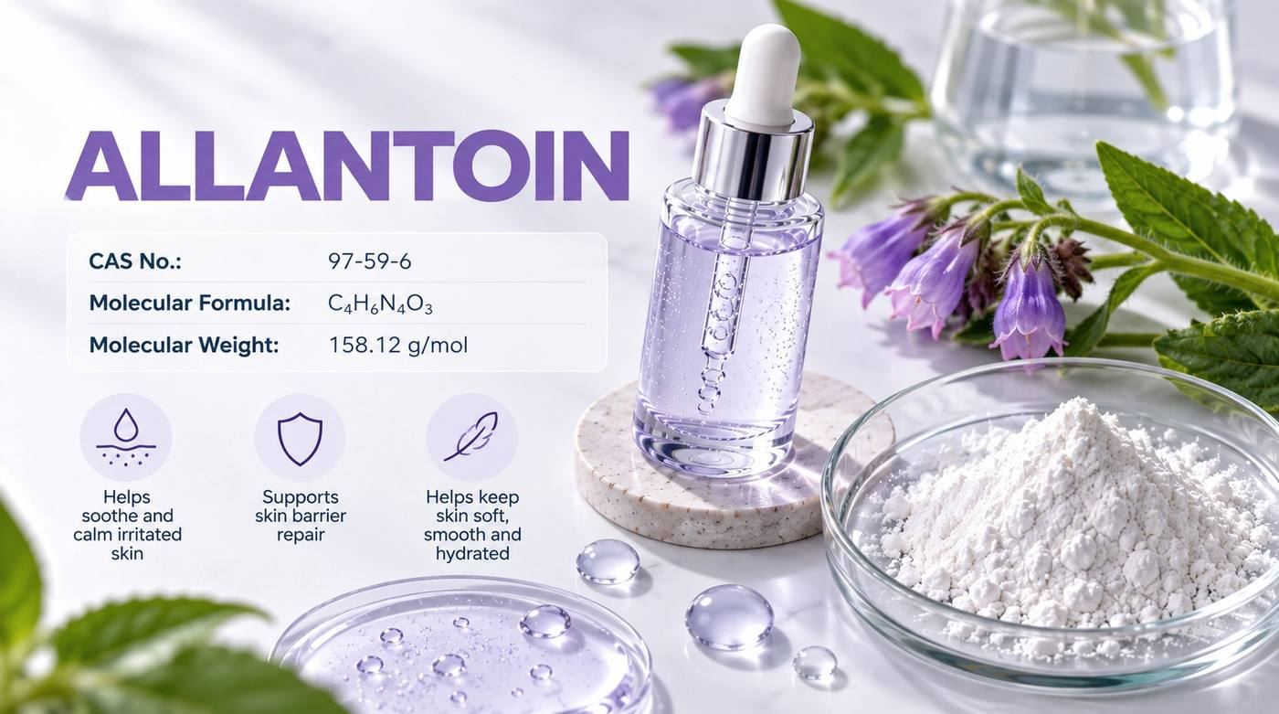 Allantoin (CAS 97-59-6, C4H6N4O3, 158.12 g/mol): a lilac allantoin serum dropper bottle beside white allantoin powder and comfrey flowers, noting that it helps soothe and calm irritated skin, supports skin barrier repair and helps keep skin soft, smooth and hydrated