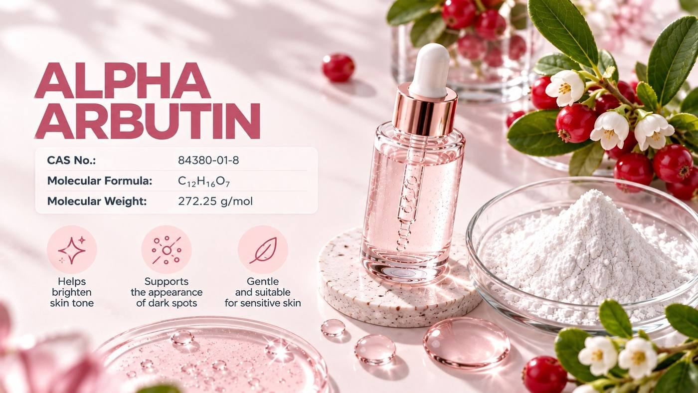 Alpha arbutin (CAS 84380-01-8, C12H16O7, 272.25 g/mol): a pink alpha arbutin serum dropper bottle beside white alpha arbutin powder and bearberry sprigs, noting that it helps brighten skin tone and supports the appearance of dark spots