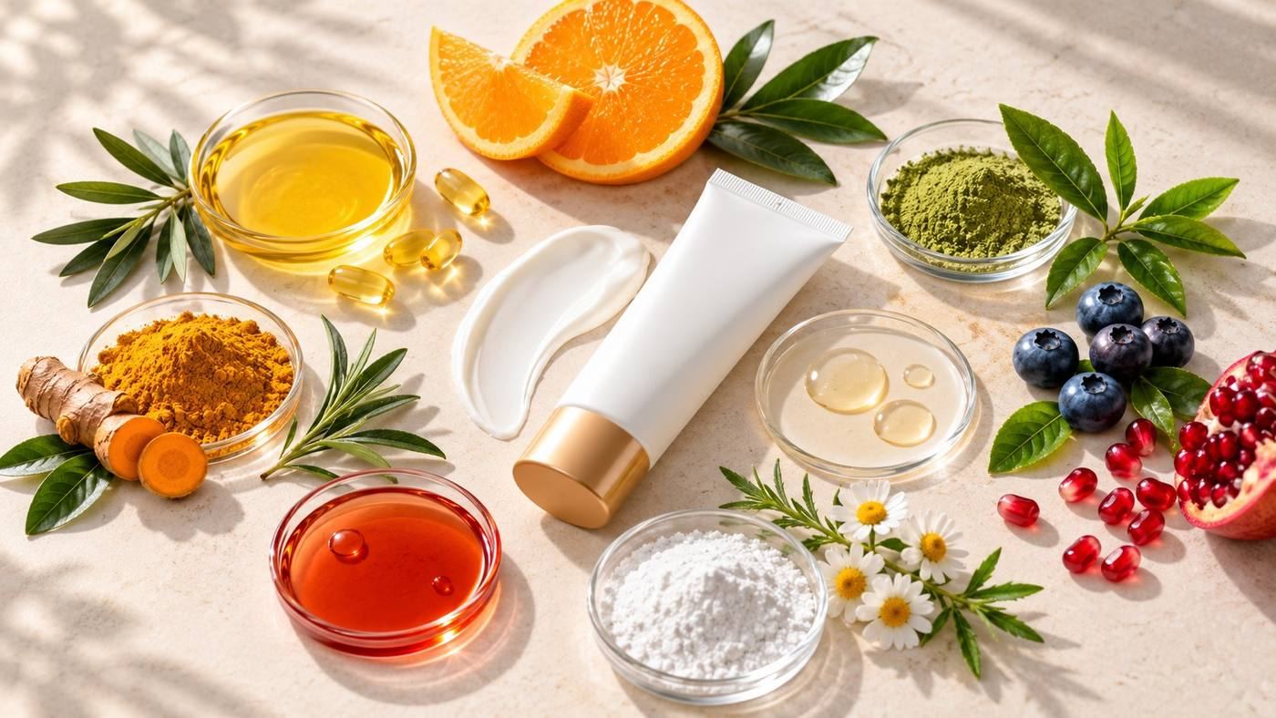 Antioxidants in sunscreen: a cream tube surrounded by antioxidant sources such as orange (vitamin C), vitamin E capsules, green tea, turmeric, blueberries and pomegranate