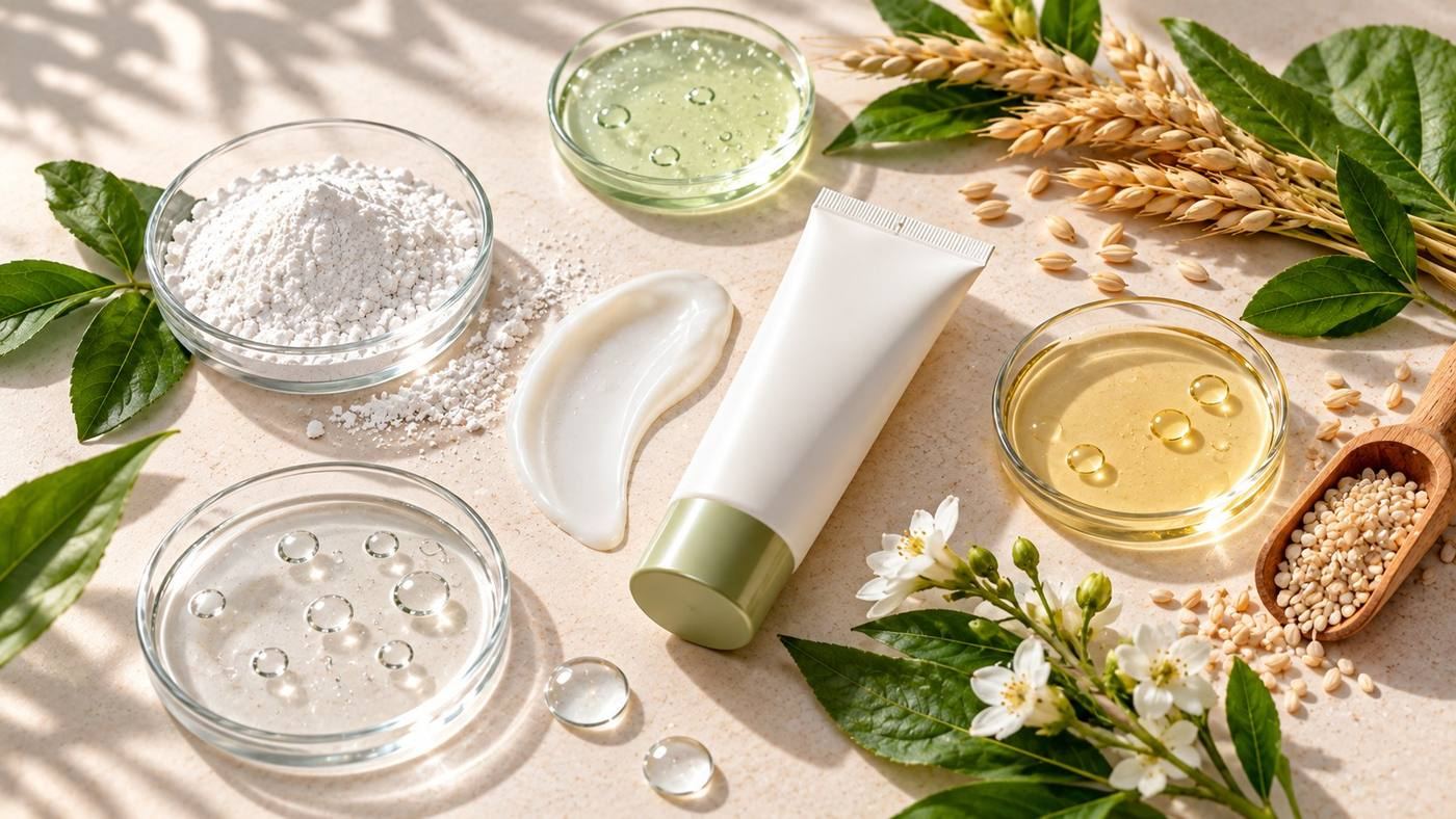 Azelaic acid: white azelaic acid powder, a cream tube and swatch, gels and oils beside wheat and barley grains, the cereal sources of azelaic acid
