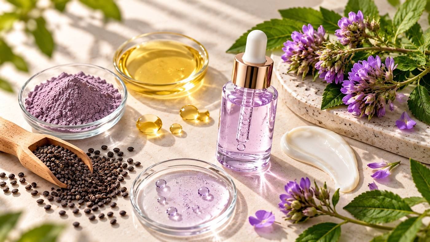 Bakuchiol: a lilac bakuchiol serum dropper bottle beside babchi (Psoralea corylifolia) flowers and seeds, the plant source of bakuchiol, with oil, powder and cream