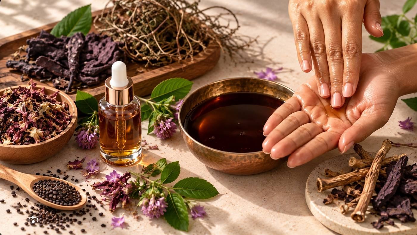 Bhringraj for hair: an Ayurvedic bhringraj (Eclipta alba) herbal hair oil in a copper bowl and dropper bottle, with dried herbs, roots and seeds, and oil applied to the hands