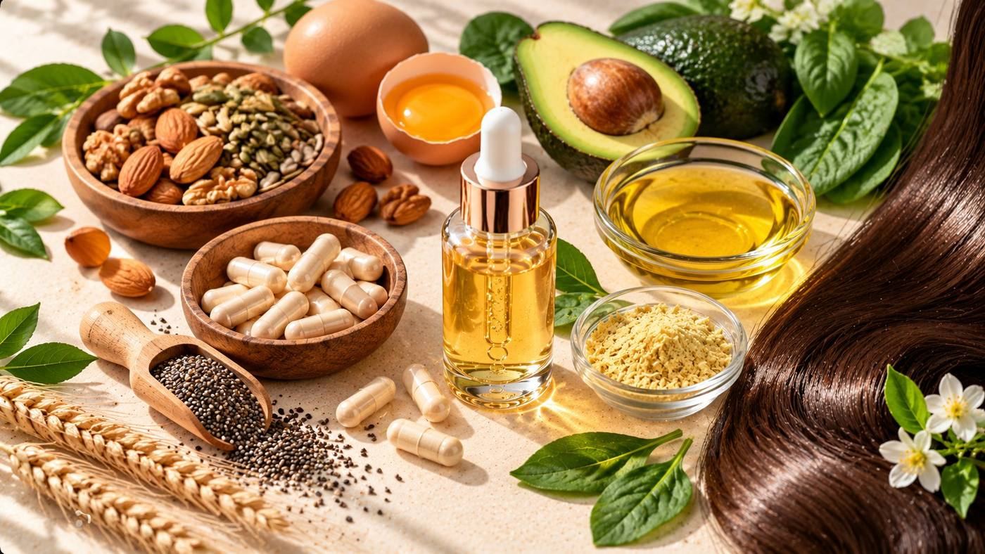Biotin for hair: biotin supplement capsules and a hair oil dropper surrounded by biotin-rich foods such as eggs, nuts, seeds, avocado and whole grains, beside glossy brown hair