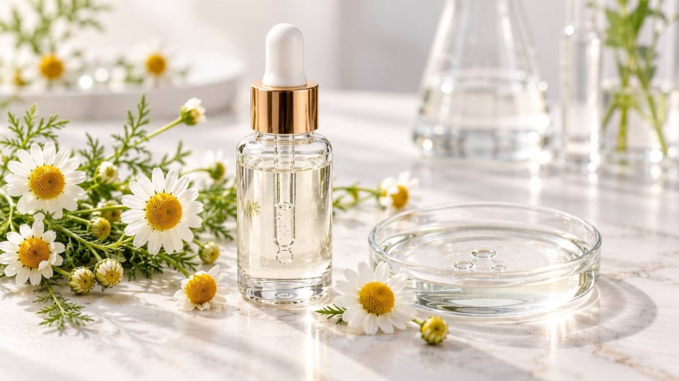 Bisabolol: a clear bisabolol serum dropper bottle beside fresh chamomile flowers, the natural source of alpha-bisabolol, on a lab bench