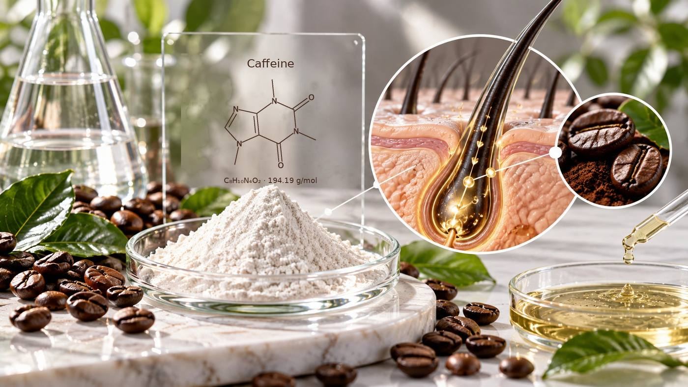 Caffeine for hair (C8H10N4O2, 194.19 g/mol): its chemical structure on a glass panel beside white caffeine powder, coffee beans and a hair serum, with a magnified view of a hair follicle in the scalp