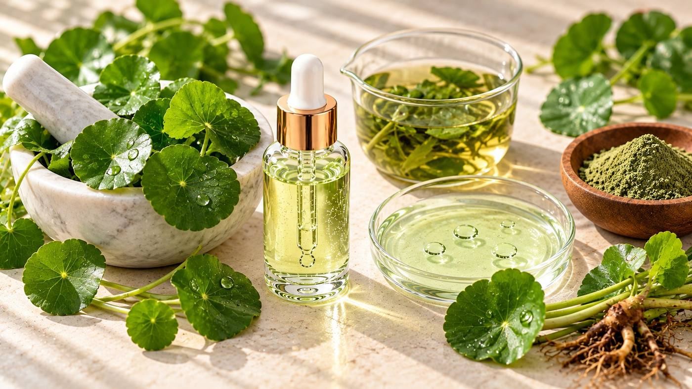 Centella asiatica (gotu kola): a green centella extract serum dropper bottle beside fresh centella leaves in a mortar, a leaf infusion, dried centella powder and the whole plant with roots