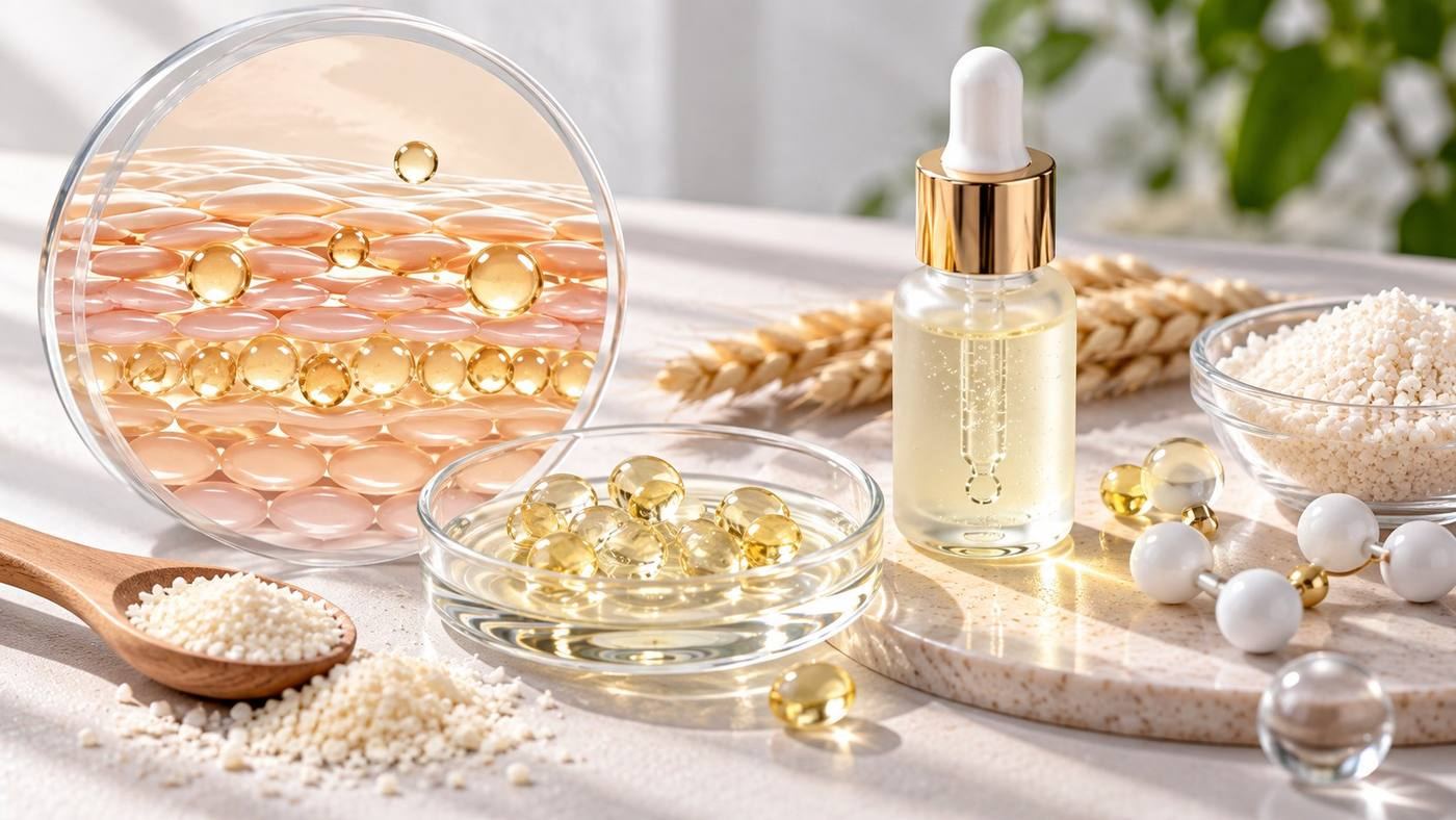 Ceramides for barrier repair: a serum dropper bottle and lipid capsules beside a magnified view of skin cells held together by ceramide lipids, with ceramide granules and wheat