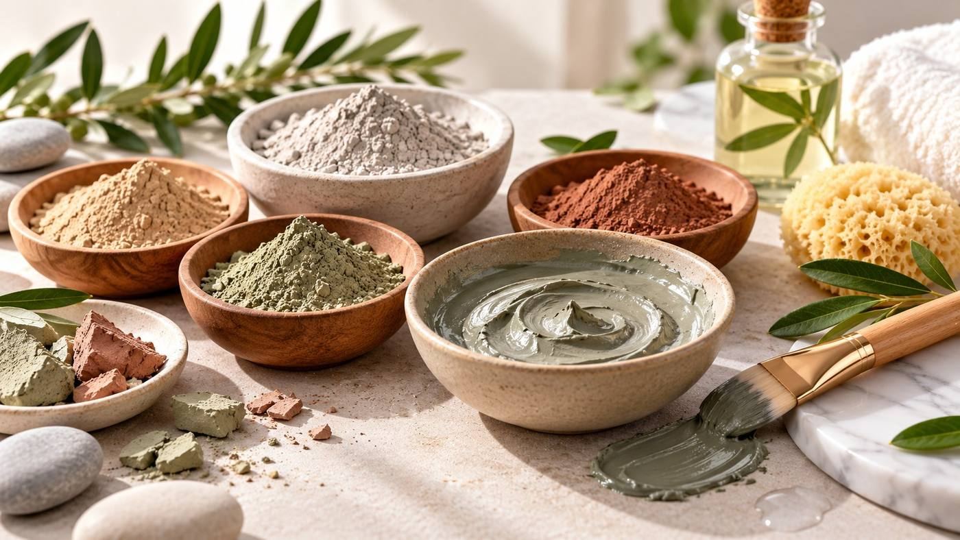 Cosmetic clays: bowls of kaolin, green, red and white clay powders and a mixed green clay mask with an application brush
