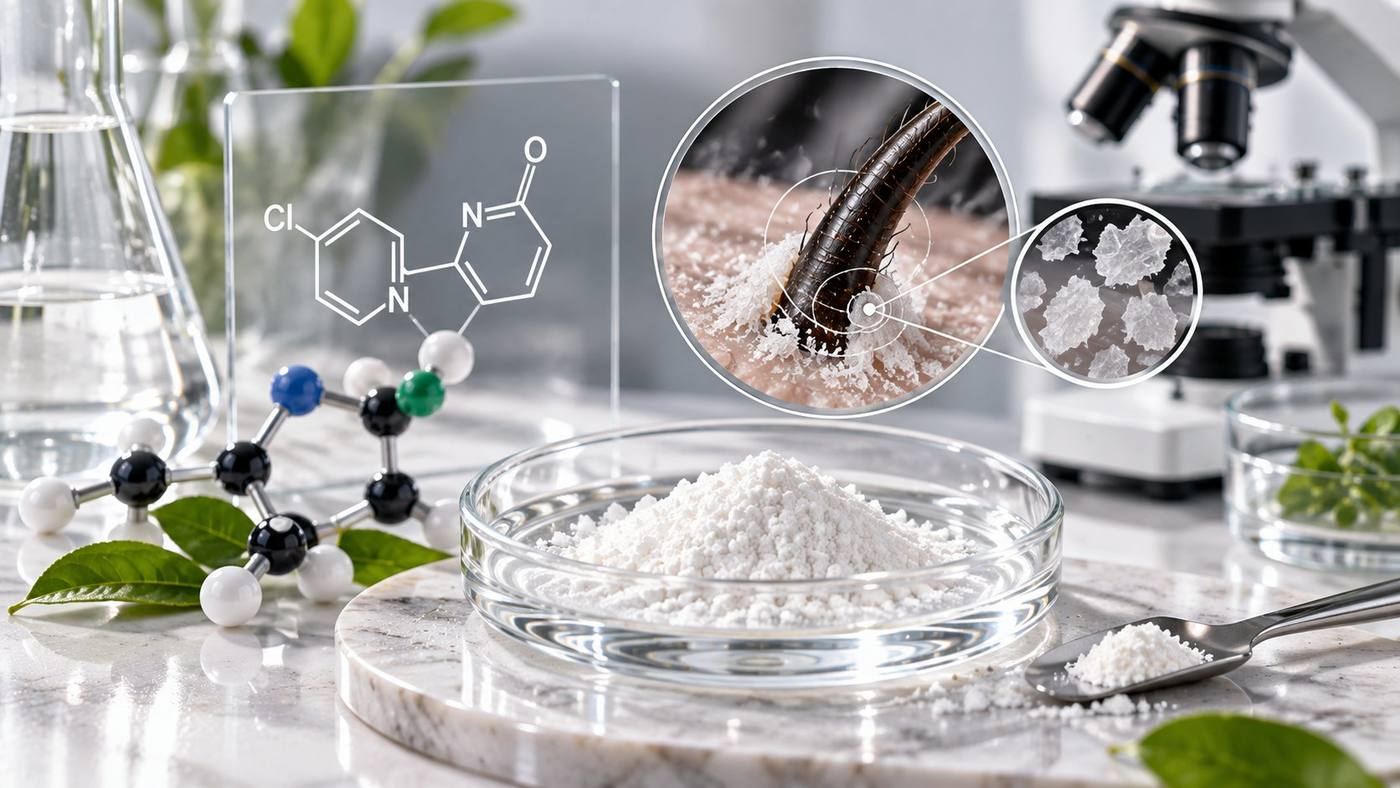 Climbazole for dandruff: white antifungal powder in a glass dish beside a molecular model, a microscope and a magnified view of scalp flakes around a hair