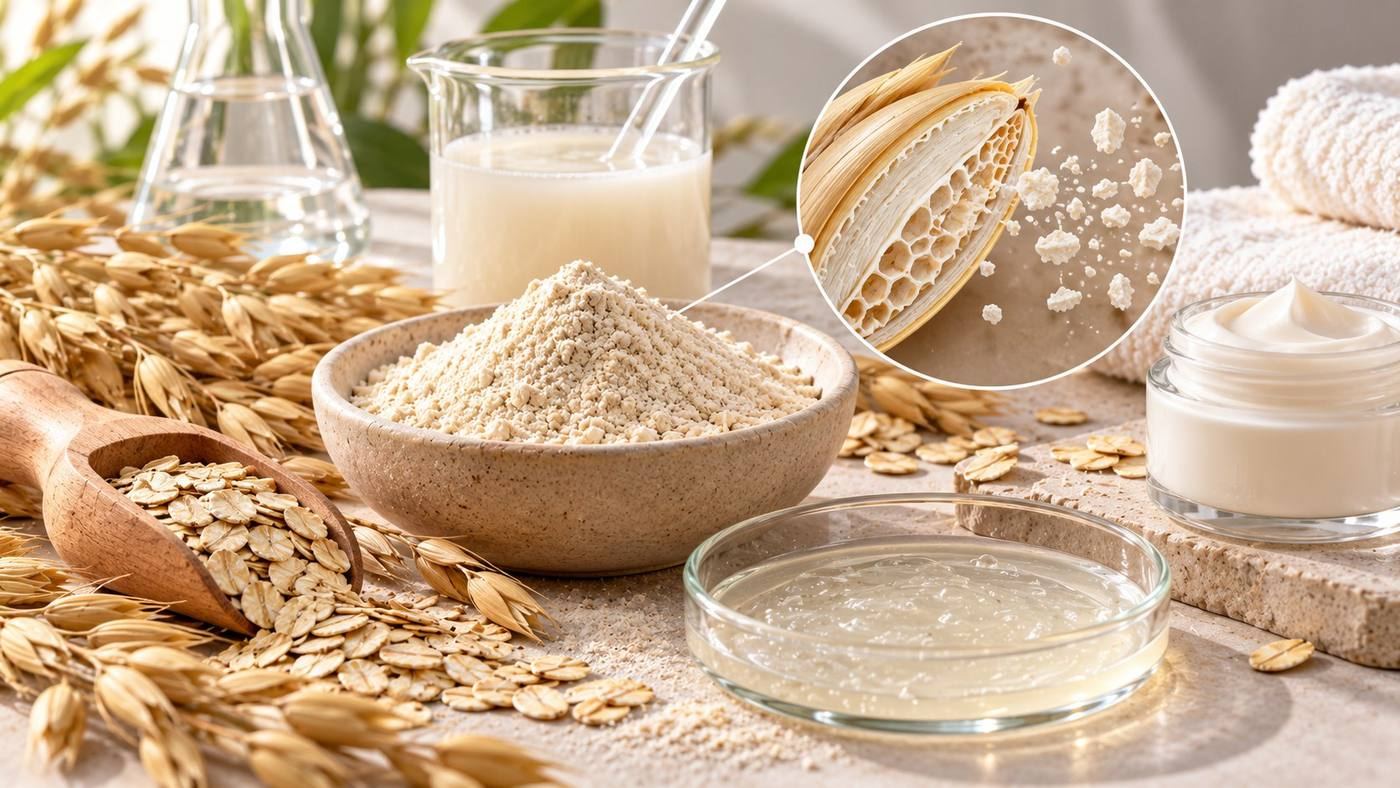 Colloidal oatmeal: finely milled oat powder in a bowl beside oat grains, rolled oats, an oat milk dispersion, a soothing gel and a cream, with a magnified view of the oat kernel