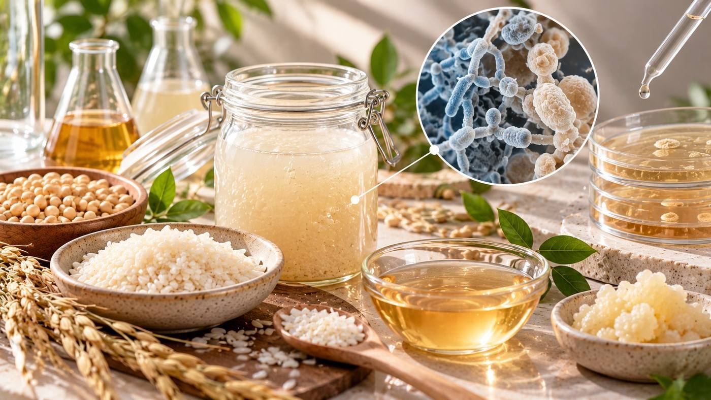 Ferments in skin care: a jar of fermented rice ferment filtrate beside rice, soybeans, oils and culture plates, with a magnified view of yeast and fermenting microorganisms